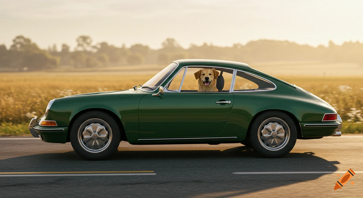 A green vintage Porsche 911 drives on a country road with a happy golden retriever puppy looking out the passenger window.
