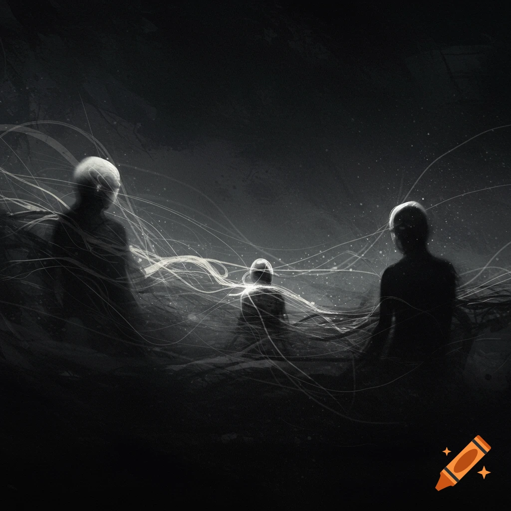Abstract monochromatic image of three shadowy human silhouettes connected by glowing white lines in a dark, textured space.