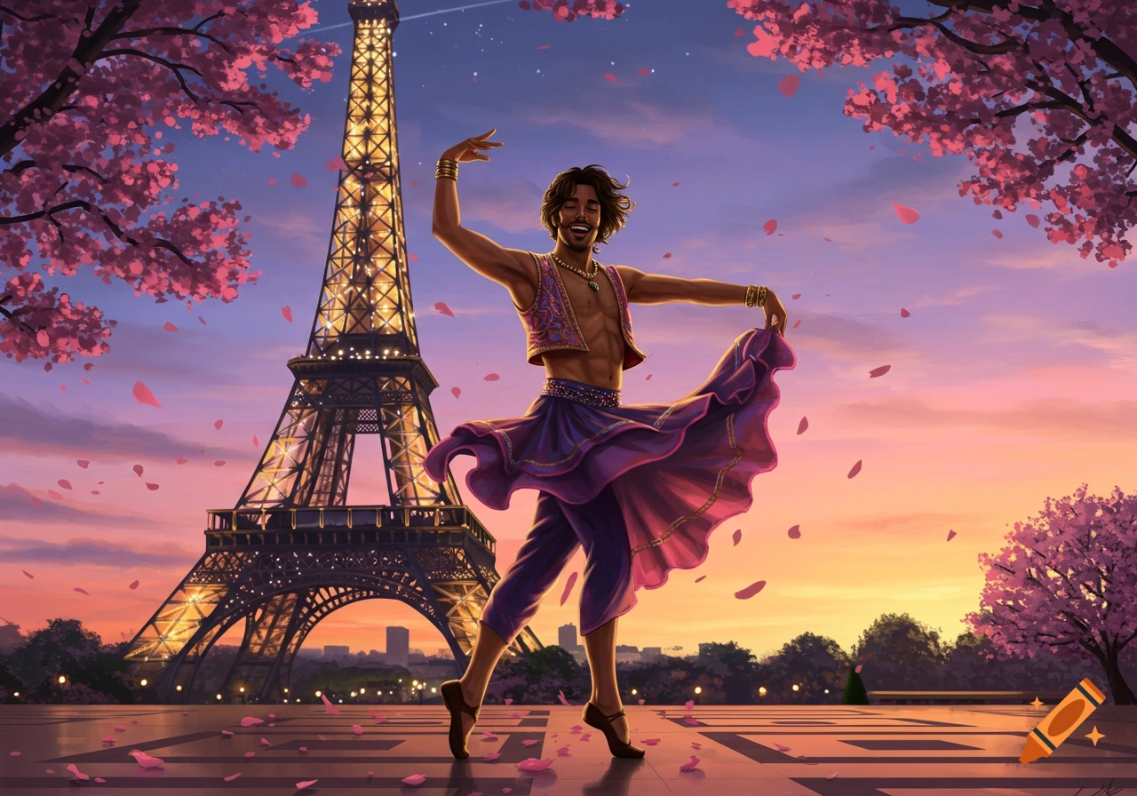 Stylized illustration of a man dancing gracefully in traditional purple attire before the Eiffel Tower with pink cherry blossoms at sunset.