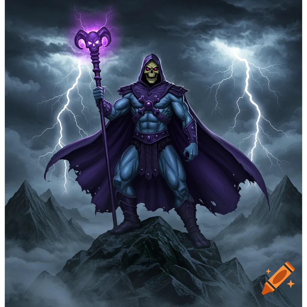Skeletor stands menacingly on a stormy mountain peak, holding a glowing purple staff, with lightning in the background. Fantasy art.