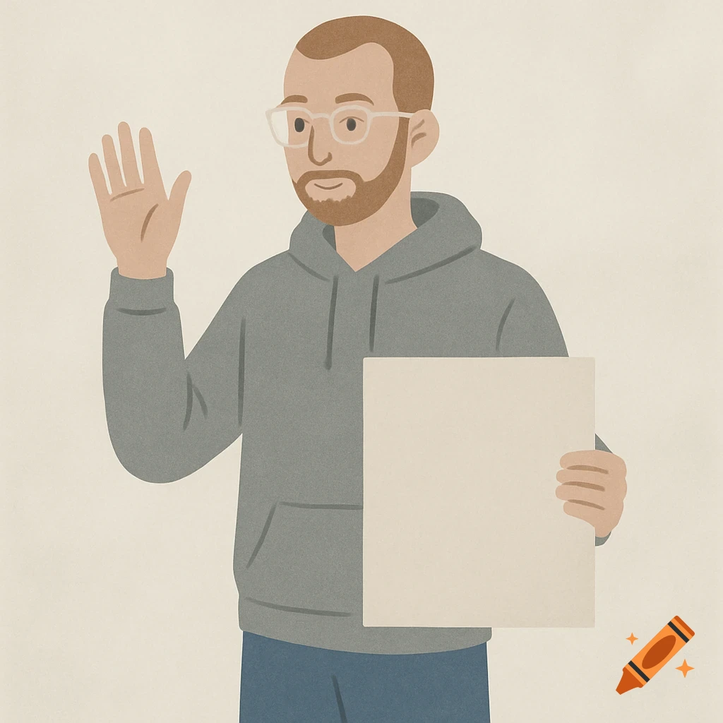 A simple flat illustration of a light-skinned man with a short beard, glasses, grey hoodie, and blue pants. He holds a blank white poster and waves with his left hand.