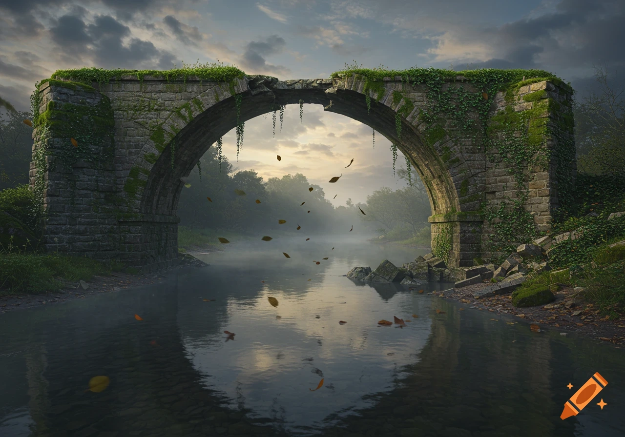 A photorealistic image of an old, moss-covered stone bridge with a broken arch spanning a misty river at sunset, with autumn leaves falling.