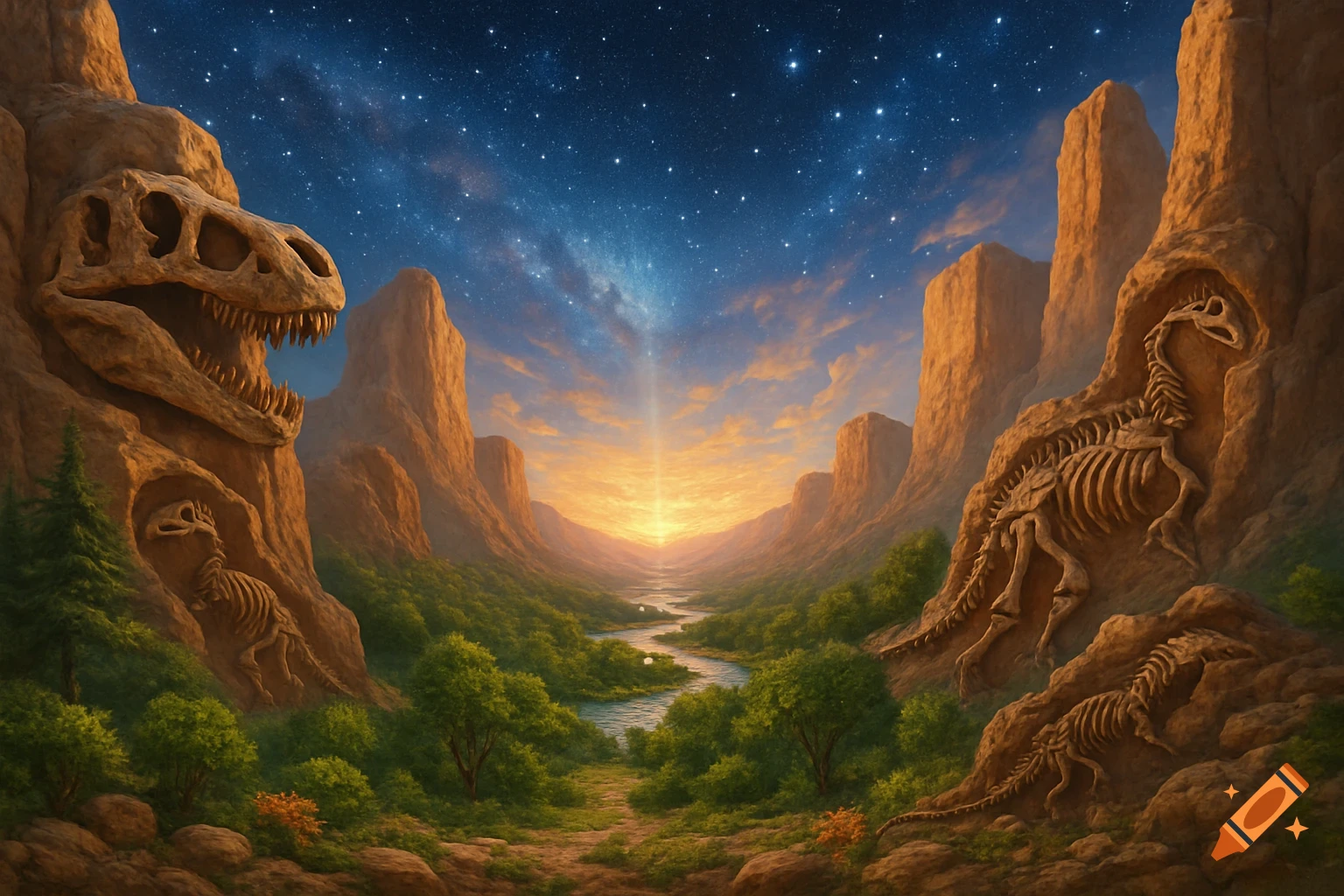 Fantasy landscape of a valley with towering cliffs featuring dinosaur fossil carvings, a river, lush trees, and a starry night sky.
