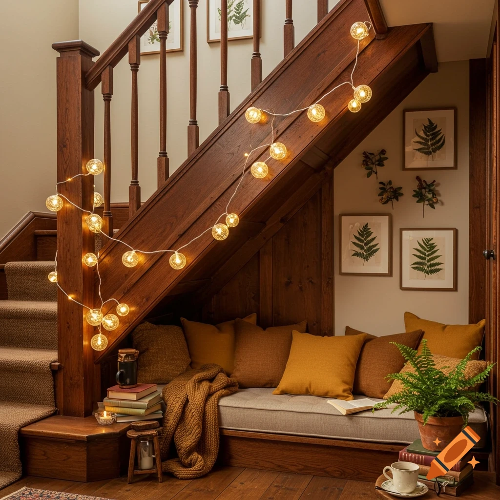 A cozy reading nook under a wooden staircase, decorated with warm string lights, soft pillows, blankets, books, and a potted fern.