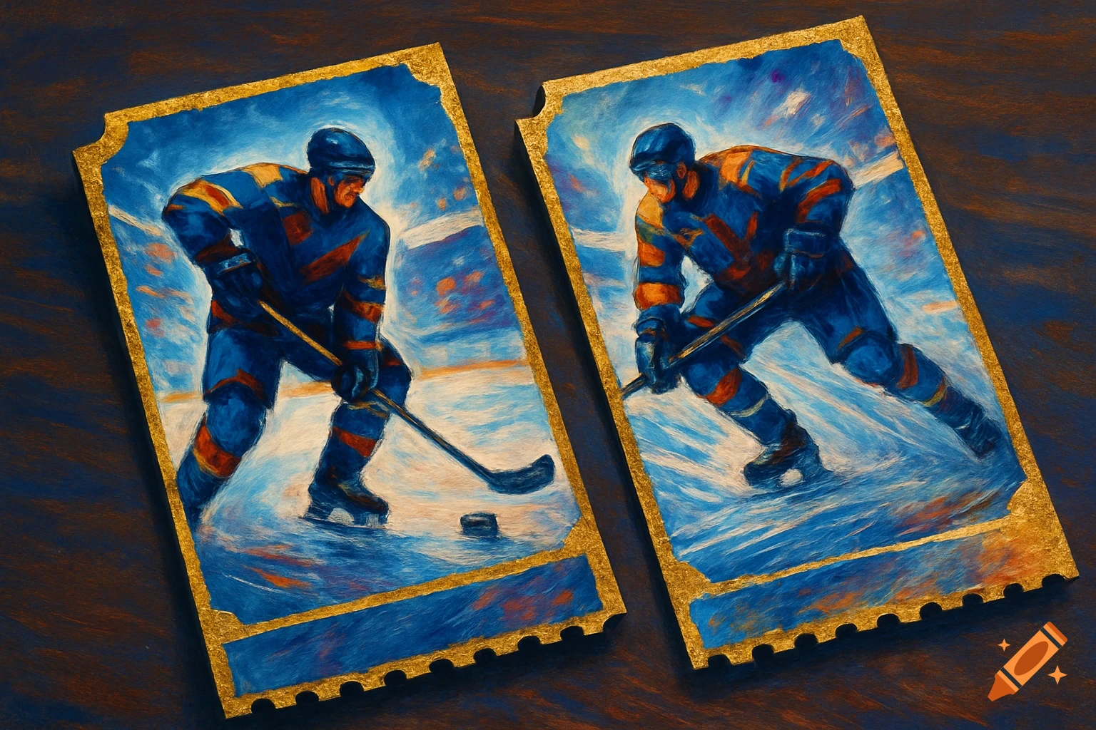Painterly depiction of two hockey players on golden-edged tickets, in action on an ice rink.