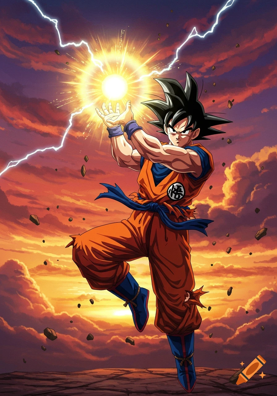 Goku from Dragon Ball Z charging a bright yellow energy ball against an orange and purple sunset sky with lightning.