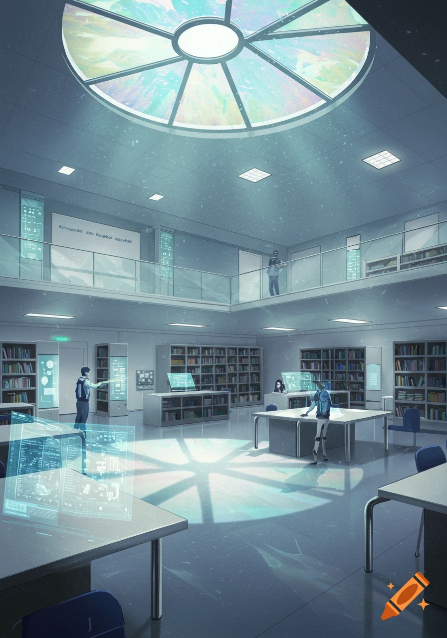 A futuristic anime-style library with a large circular skylight, holographic displays, and students.