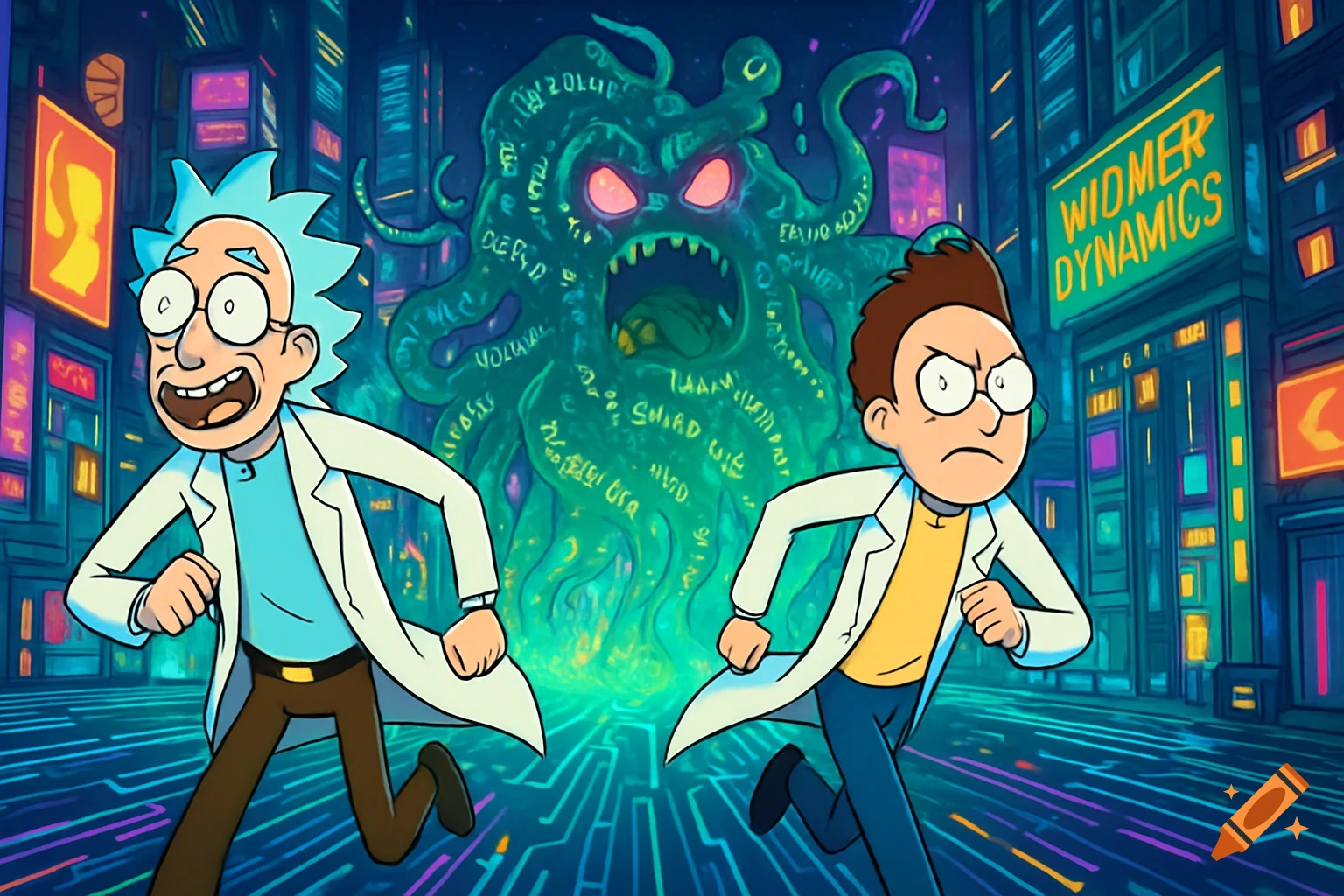 Rick and Morty-style characters run from a green, tentacled monster in a neon cyberpunk city. A sign reads "WIDMER DYNAMICS".