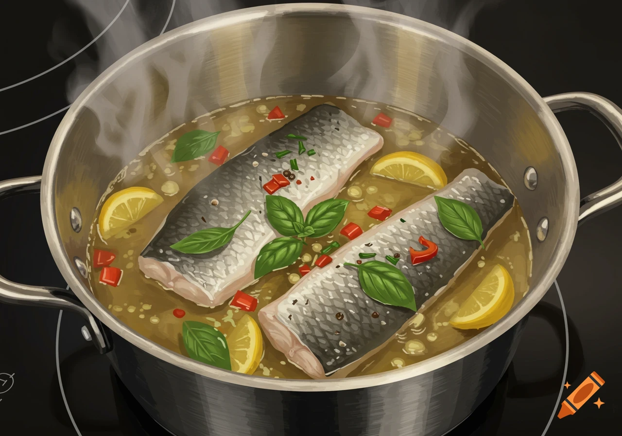 An illustrated overhead view of two fish fillets simmering with lemon, basil, and red peppers in a metal saucepan on a stovetop.