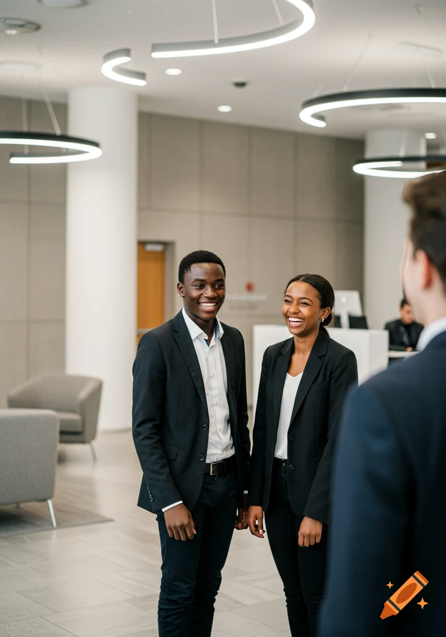 Two smiling young professionals, a man and a woman in blazers, laugh while facing another person in a modern office lobby.