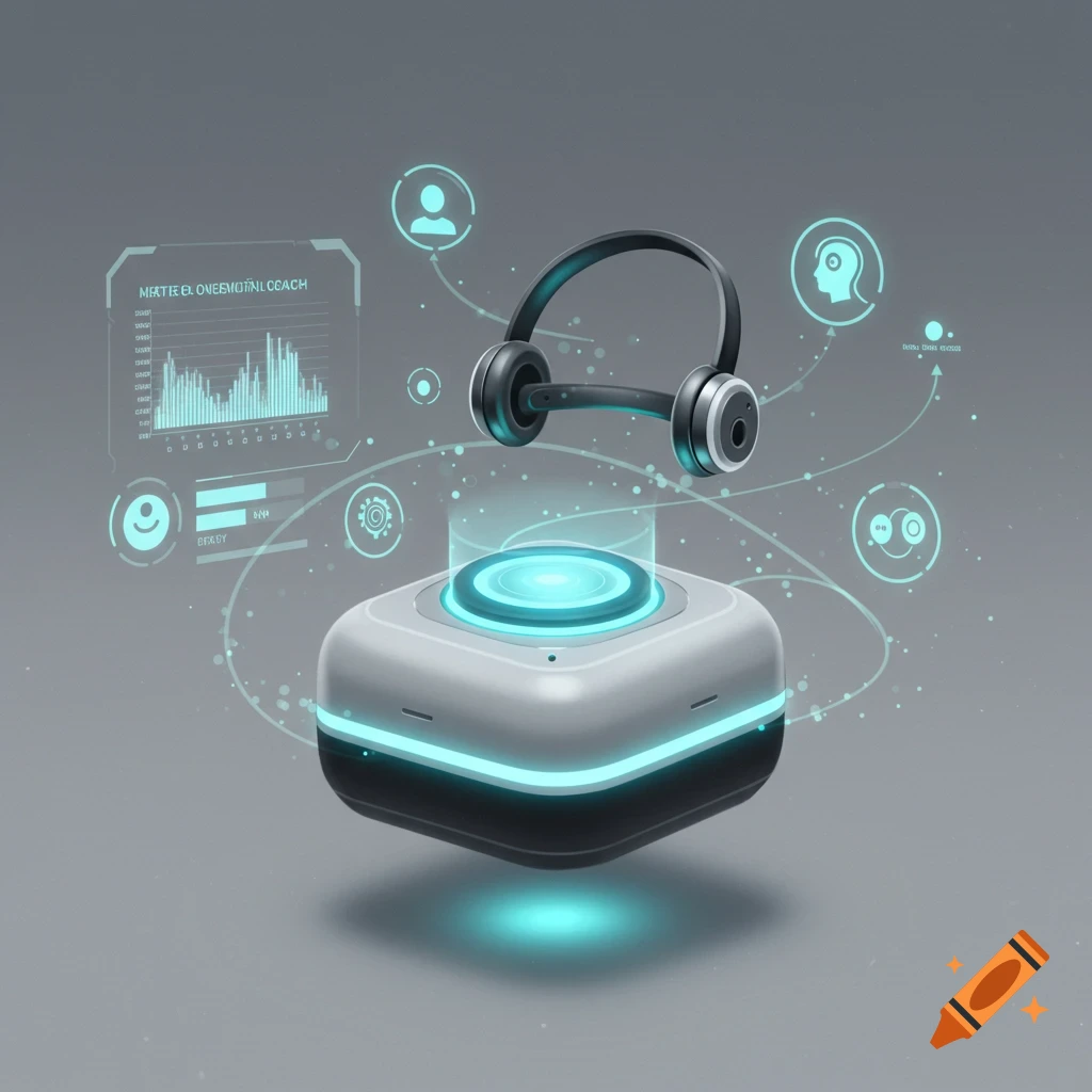 Futuristic AI device and headset with glowing blue accents and holographic data interfaces on a gray background.