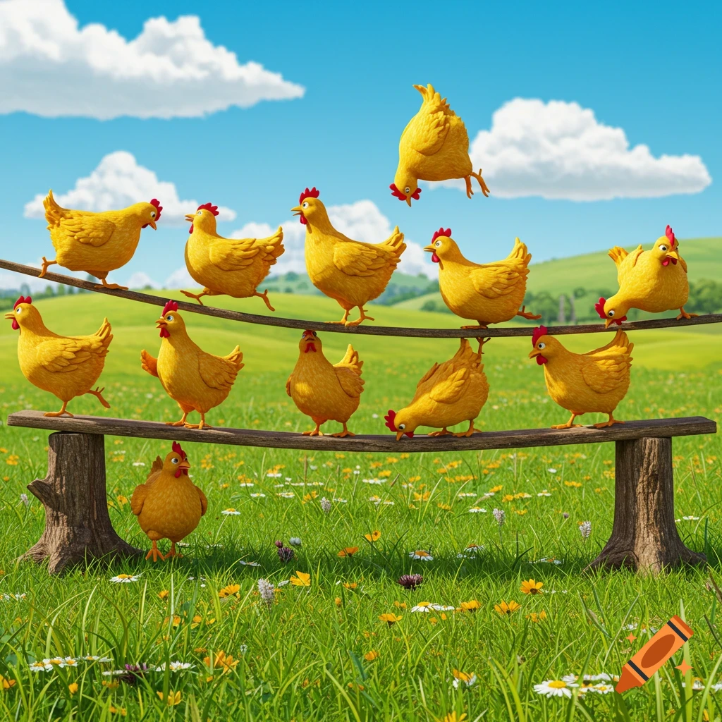 Cartoon chickens in a grassy field, some perched on wooden beams, one doing a somersault in the blue sky.