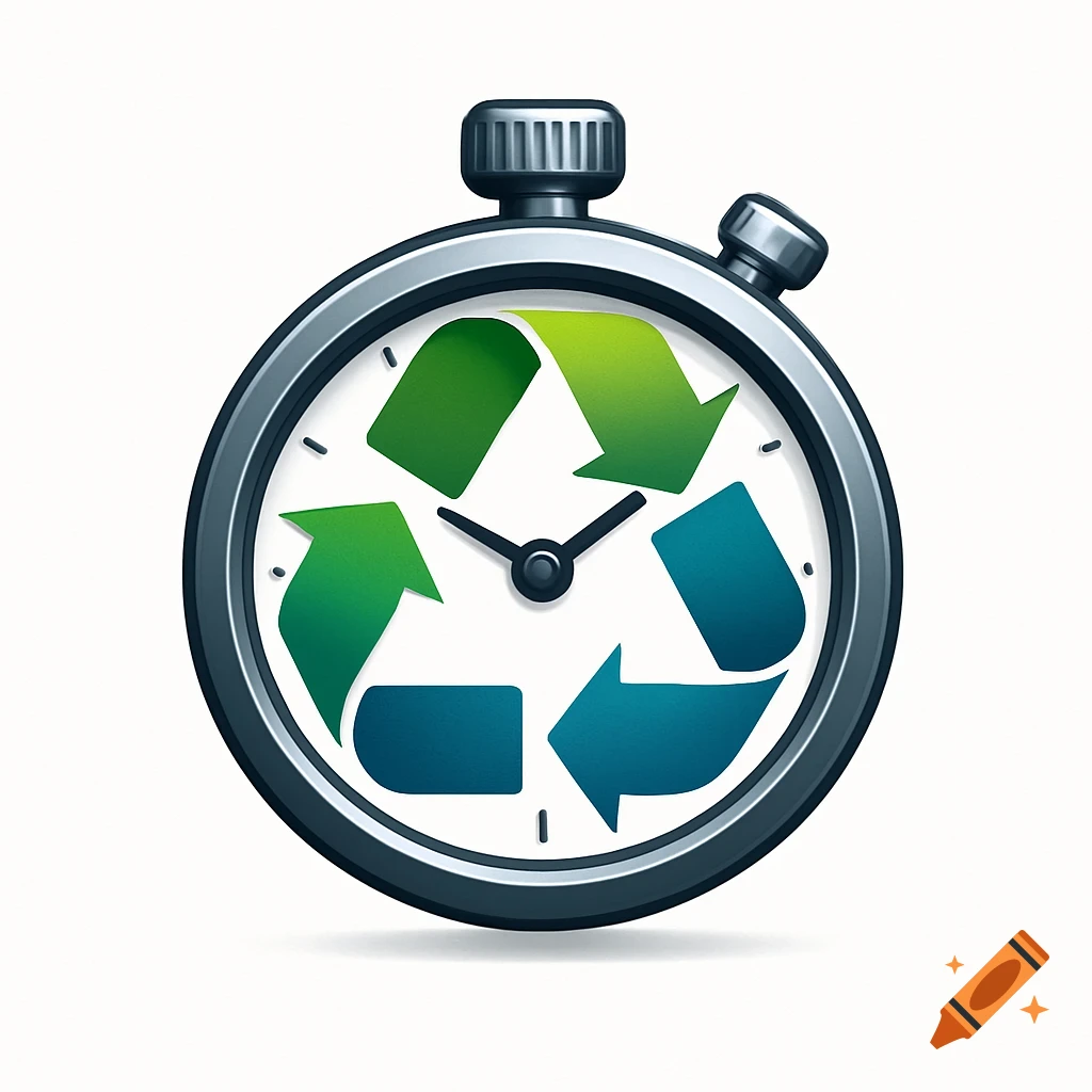 A logo featuring a metallic stopwatch with a green and blue recycling symbol on its face.