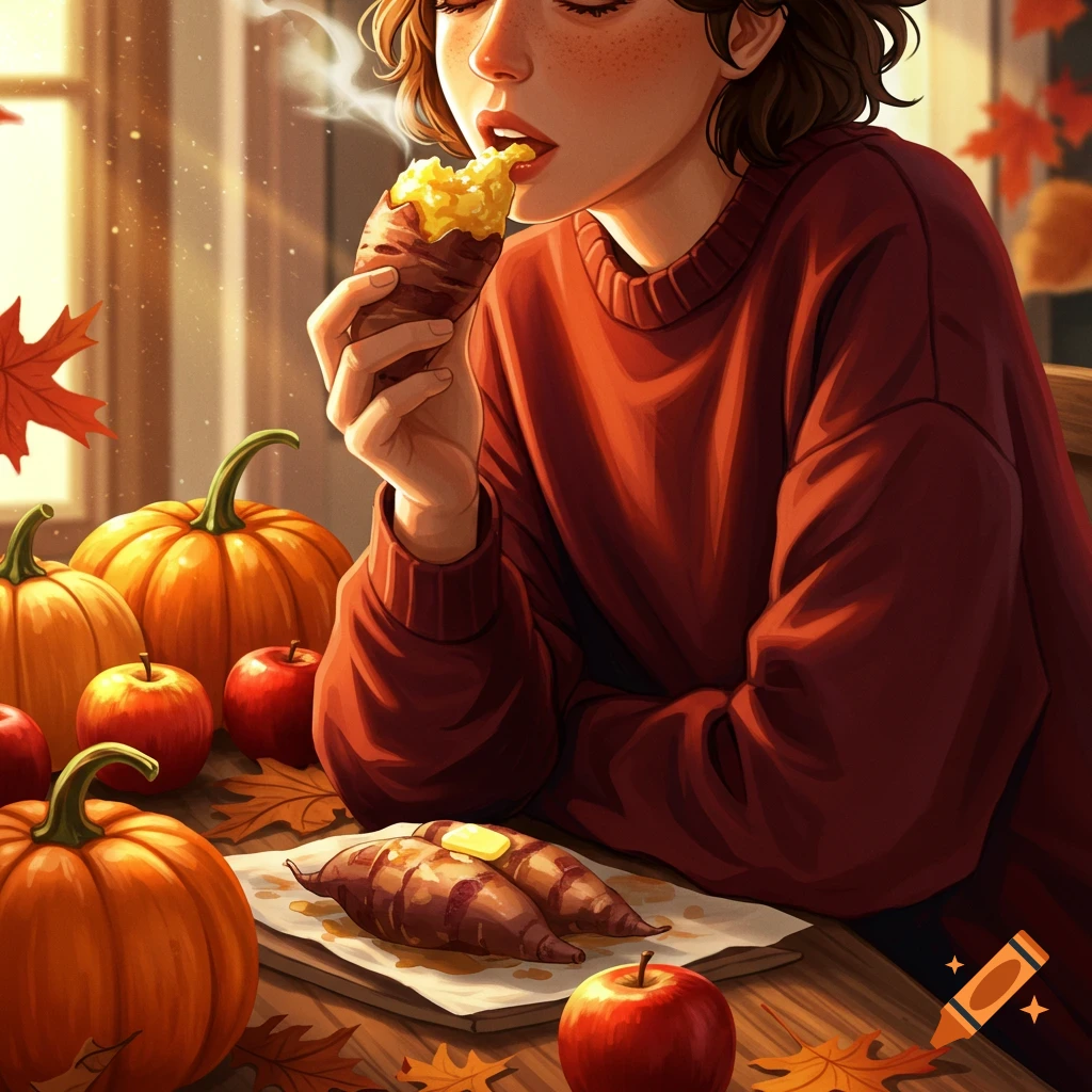 An illustration of a person in a red sweater eating a baked yam at a table adorned with pumpkins, apples, and autumn leaves.