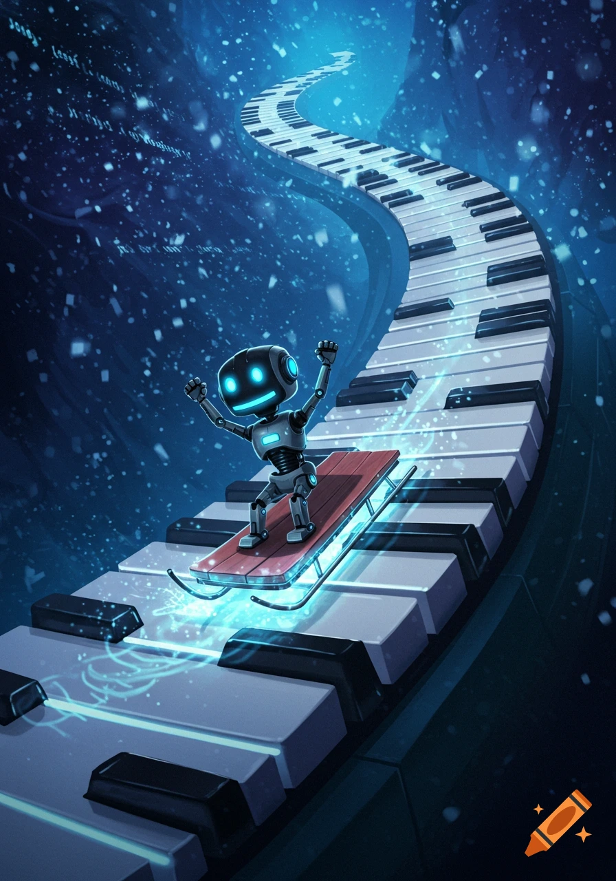A cute robot sleds down a winding, glowing piano keyboard in a vibrant digital art style.