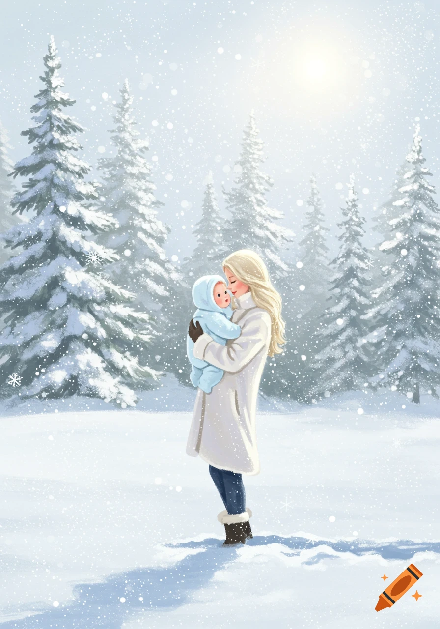 An illustration of a blonde woman in a white coat holding a baby in a light blue snowsuit, standing in a snowy forest.