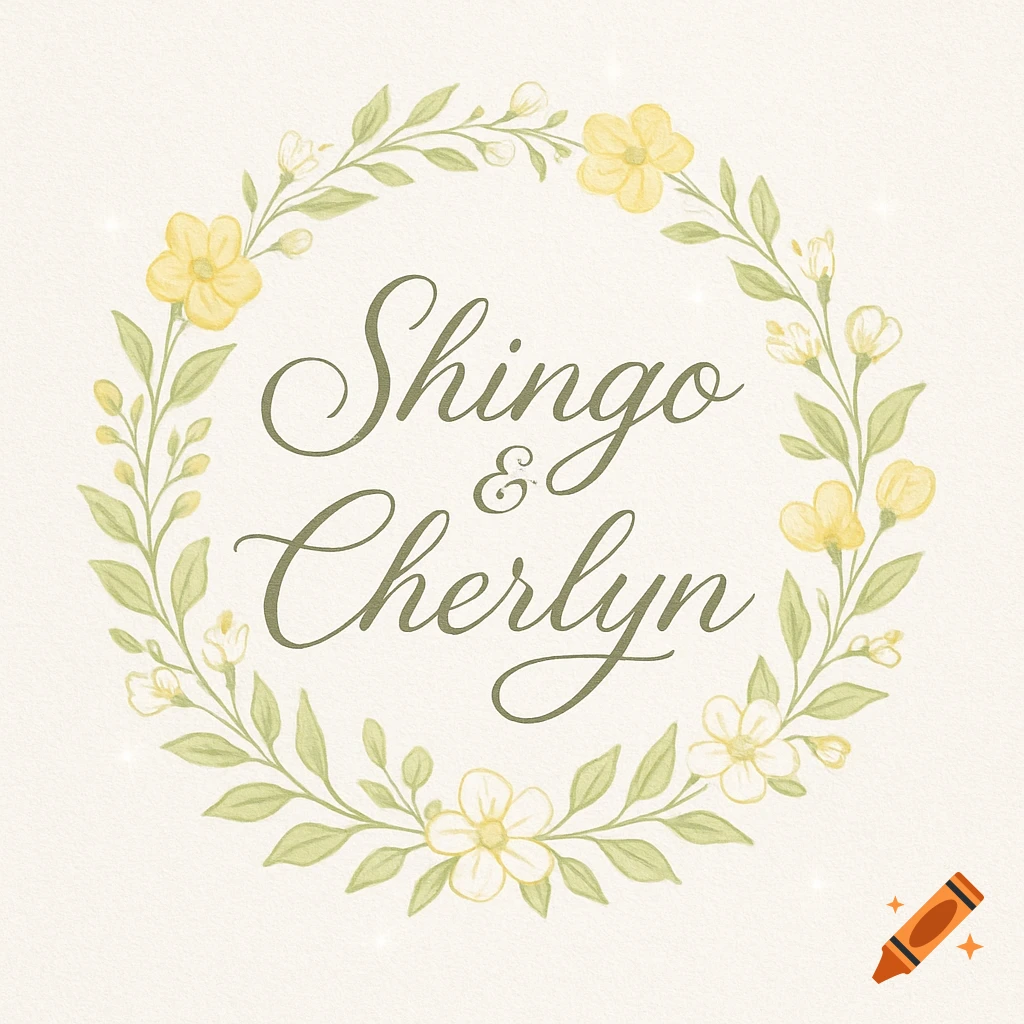 A watercolor wedding logo featuring the names Shingo & Cherlyn in a green floral wreath with yellow flowers.