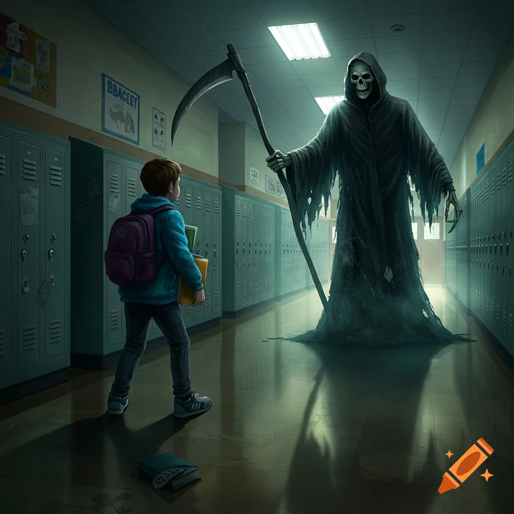 A boy with a backpack stands in a school hallway, facing a large, cloaked Grim Reaper holding a scythe, in a dark, illustrative style.