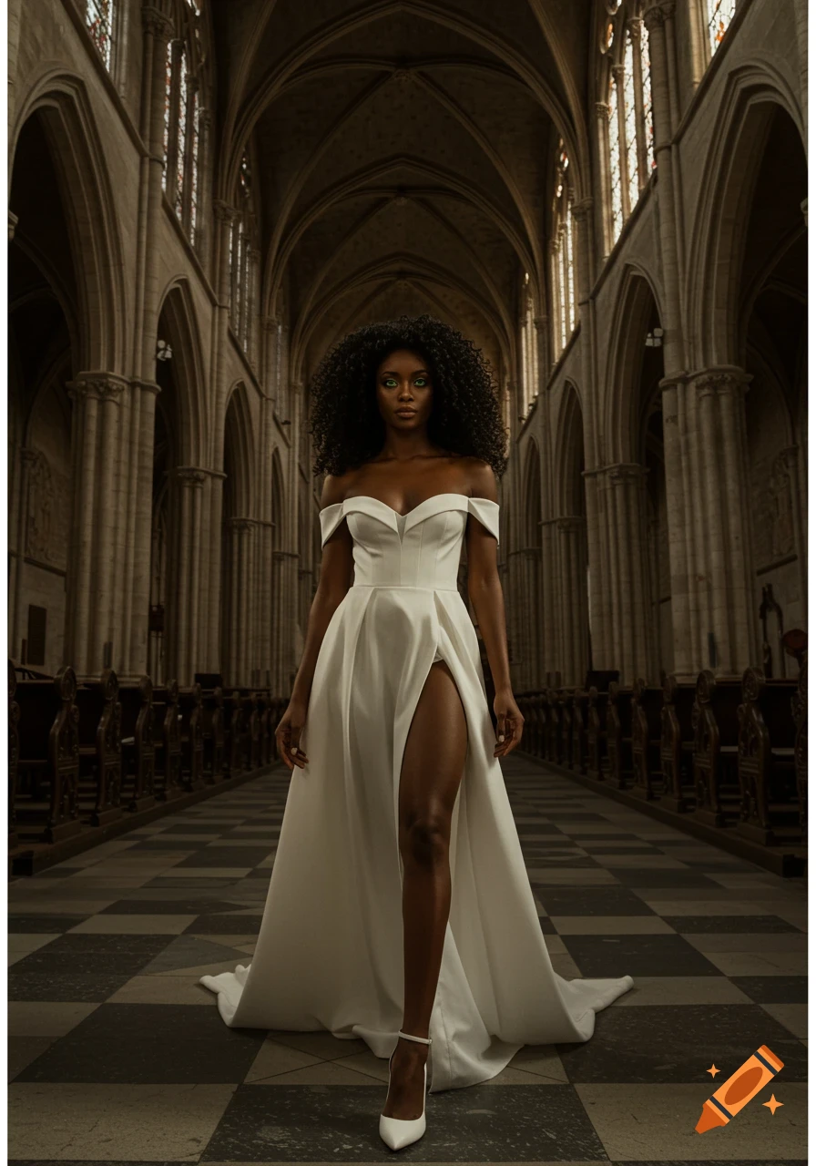 A dark-skinned woman in a white off-the-shoulder wedding dress with a high slit walks down a cathedral aisle.