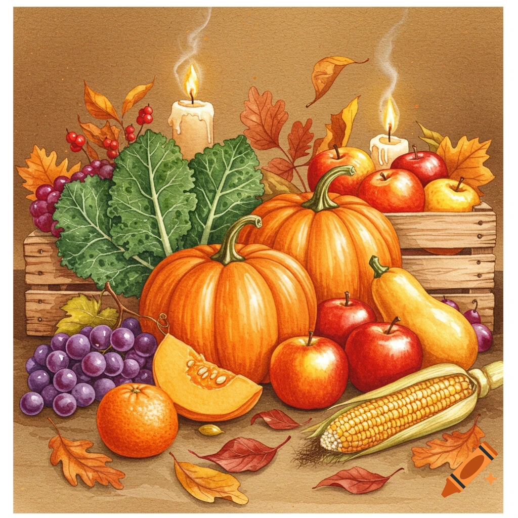 Watercolor painting of an autumn harvest still life with pumpkins, apples, grapes, corn, and lit candles.