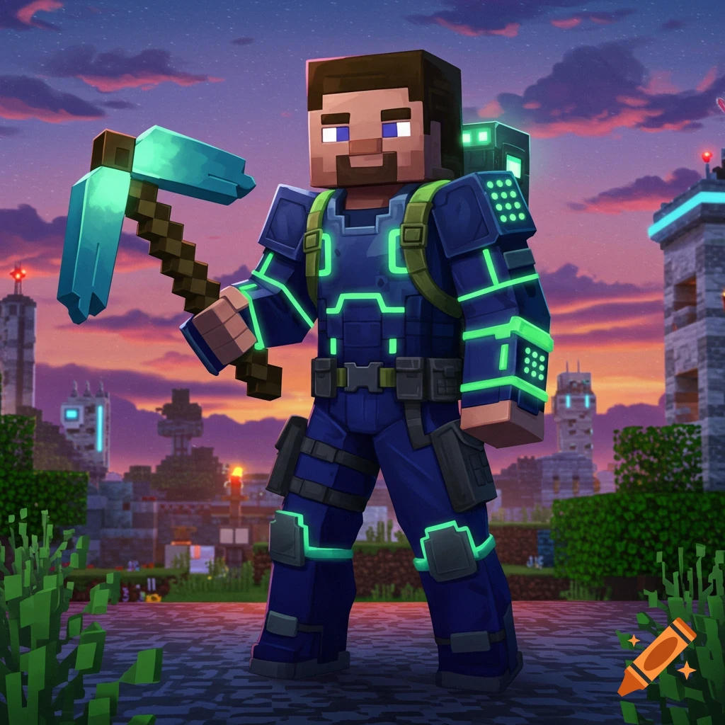 Minecraft-style character in futuristic blue and neon green armor, holding a glowing pickaxe, against a sunset sky in a blocky landscape.