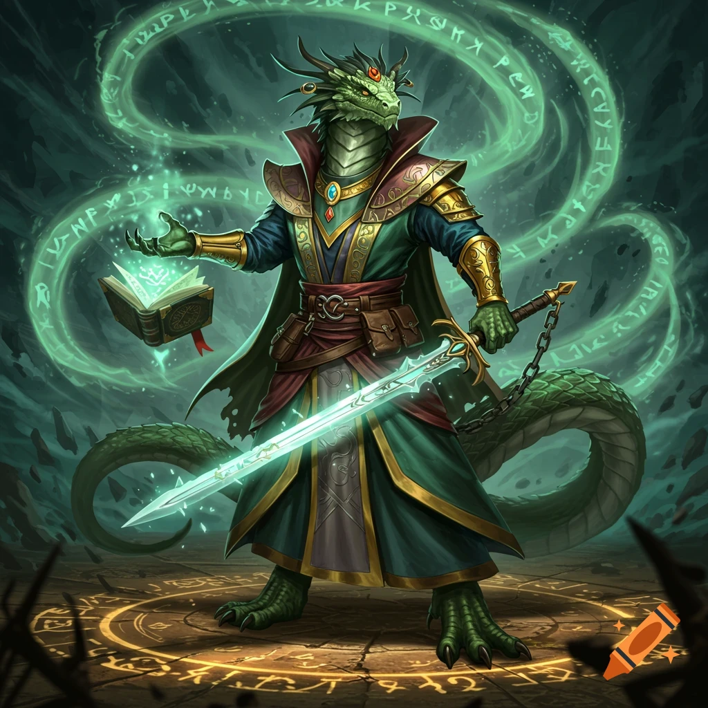A reptilian Nagaji thaumaturge in ornate robes holds a glowing sword and magic book, surrounded by swirling green runes in a dark fantasy setting.