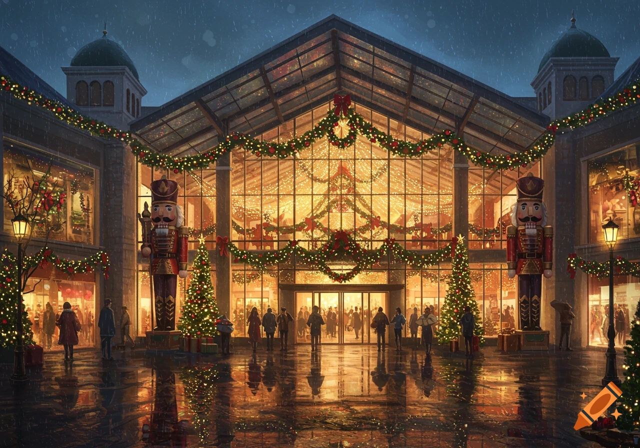 A lavishly decorated Christmas shopping center at night, with giant nutcrackers, festive lights, and people bustling under falling rain on a wet street.