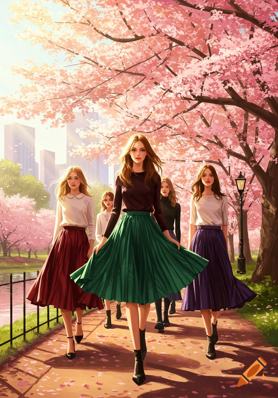 Illustrated women in pleated skirts walk on a path lined with pink cherry blossom trees in a park with city buildings.