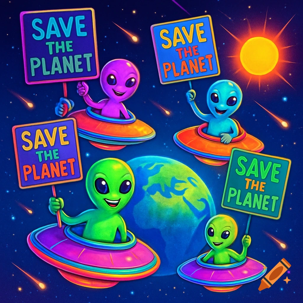 Vibrant cartoon illustration of colorful aliens in UFOs holding 'Save the Planet' signs in space with Earth and the sun.