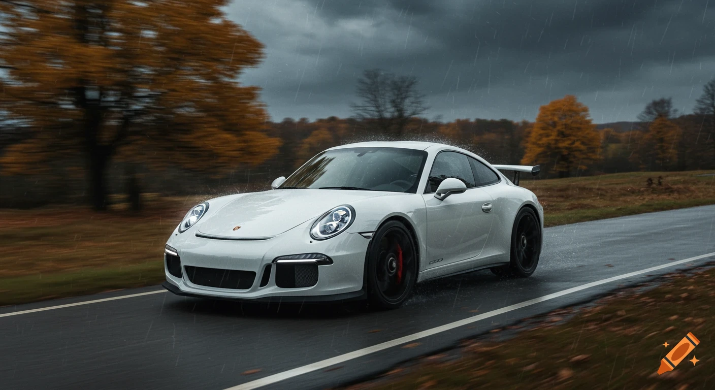 A white Porsche 911 GT3 RS speeds down a wet road in an autumnal landscape under a dark, rainy sky, captured with motion blur.