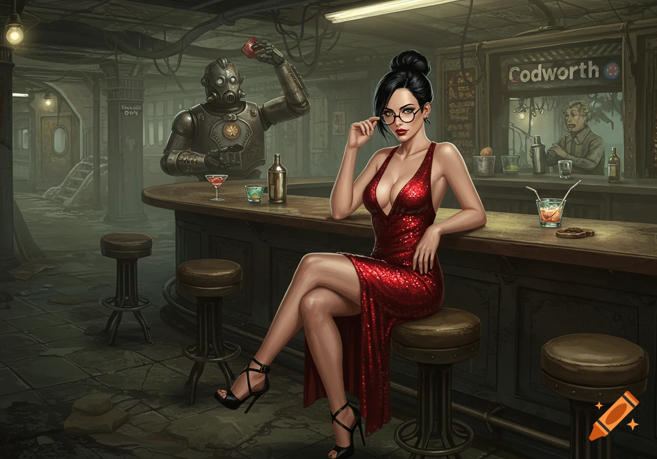 A woman in a sparkly red dress and glasses sits at a bar in a subway ruin, with a robot bartender in the background.
