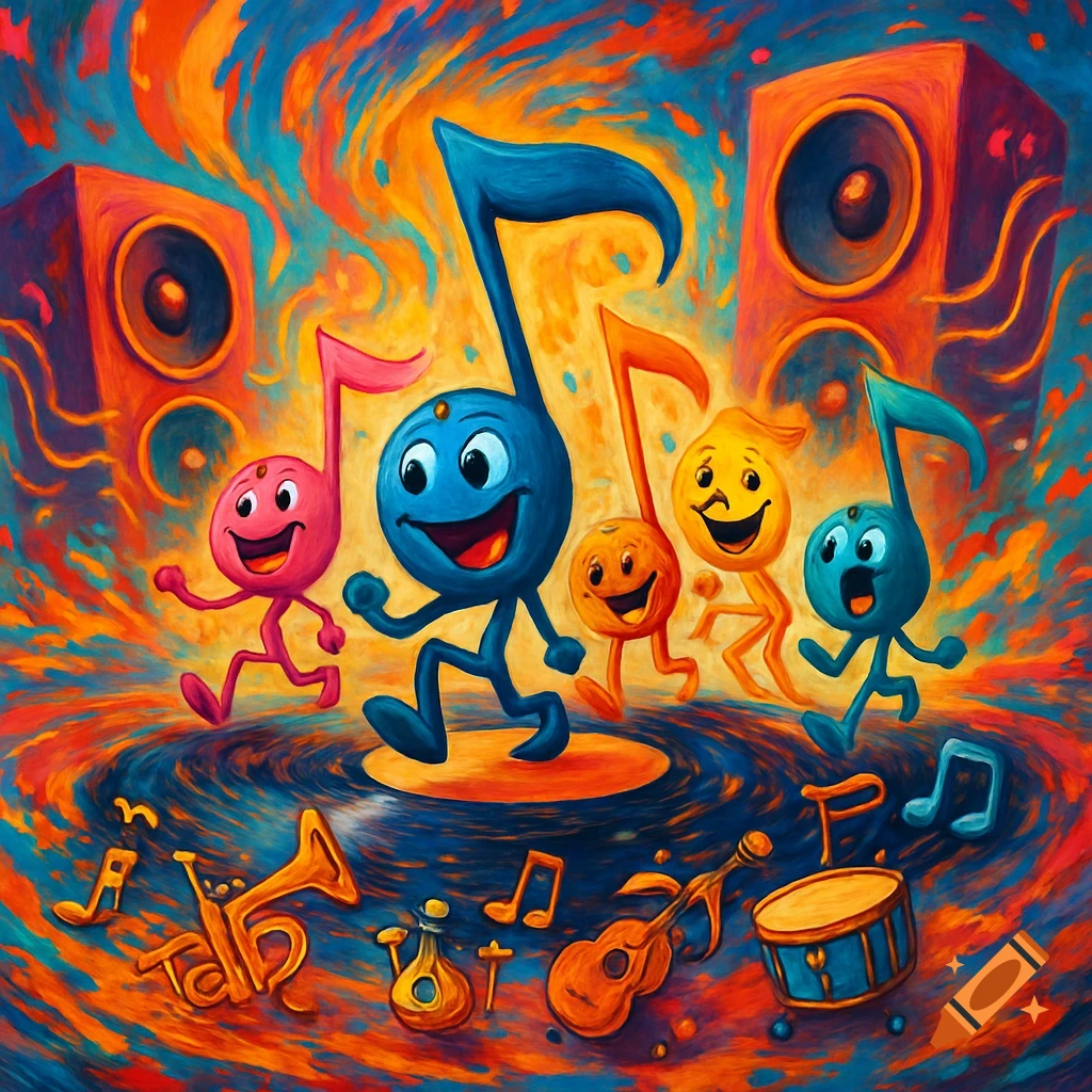 Vibrant, painterly illustration of cheerful cartoon musical notes dancing around speakers and instruments.