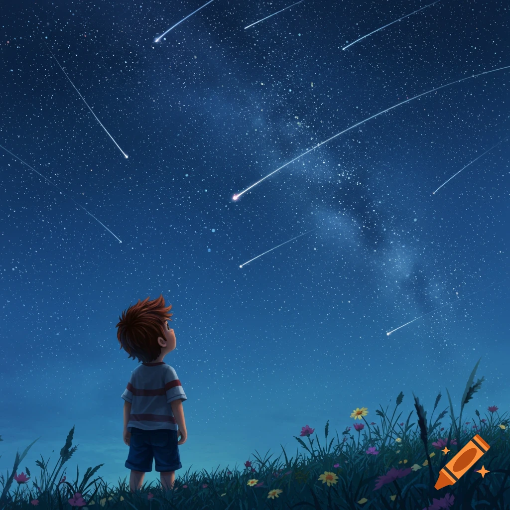 A cartoon boy stands in a grassy field looking up at a dark blue night sky filled with many stars and shooting stars.
