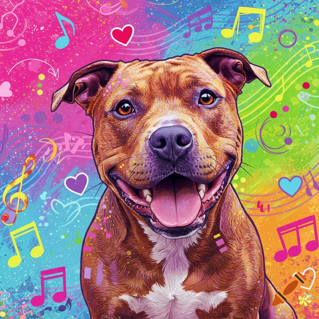 Close-up of a happy brown pit bull in a vibrant pop art style, surrounded by colorful music notes and hearts.