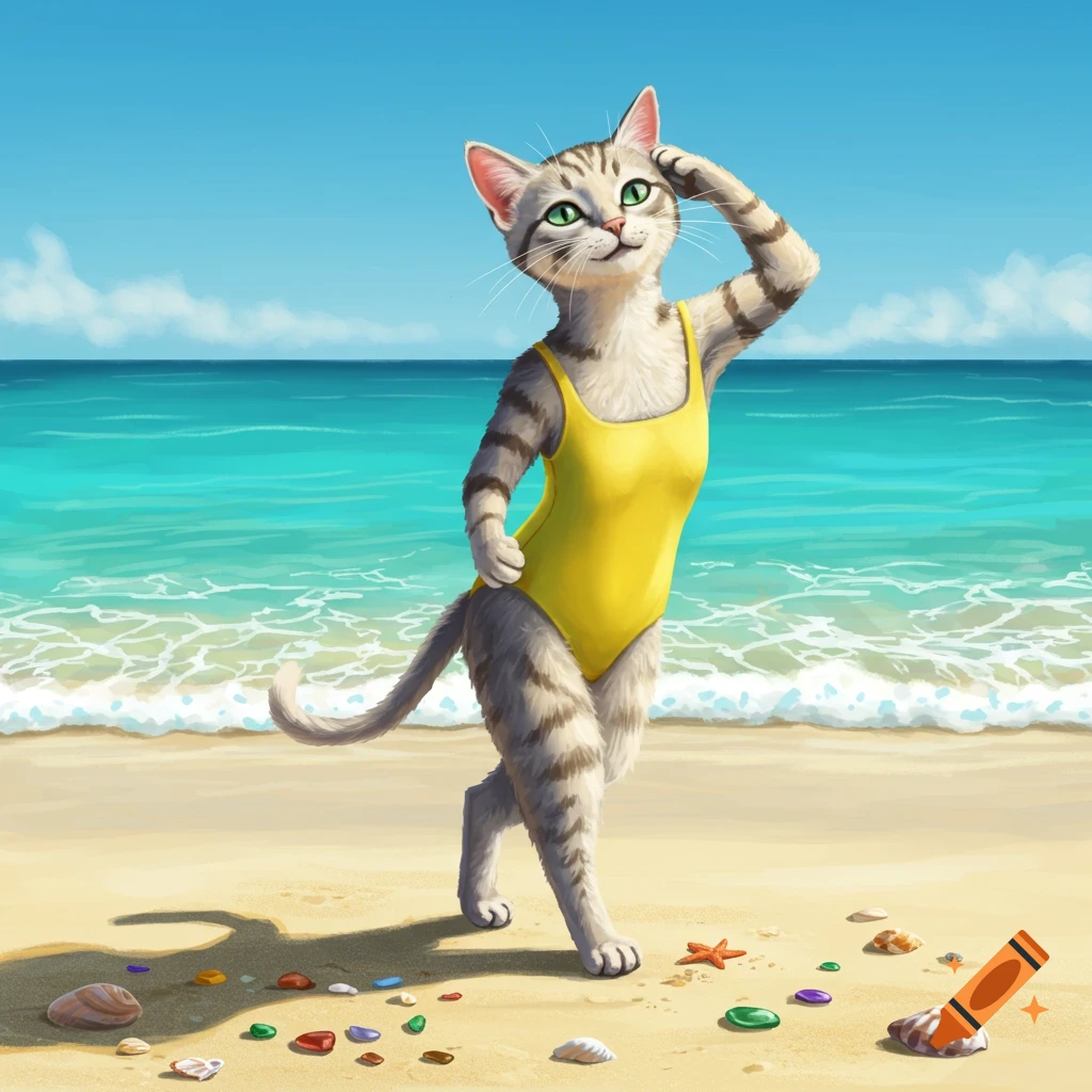 A cartoon cat in a yellow one-piece swimsuit stands on a sunny beach looking at the ocean.