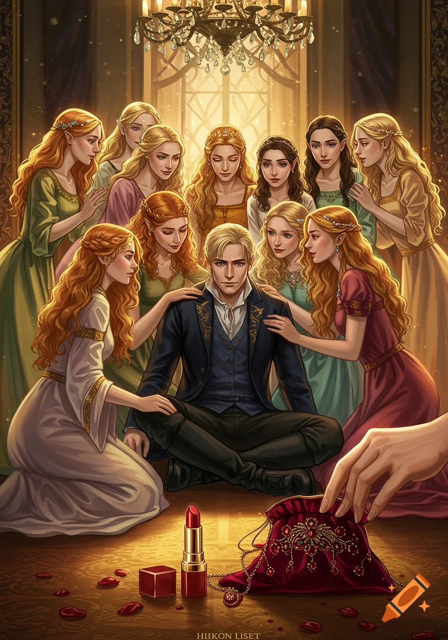 A blonde man sits on the floor, surrounded by twelve women with long, wavy hair in a grand, chandelier-lit room. Red lipstick and a jeweled purse are on the floor.