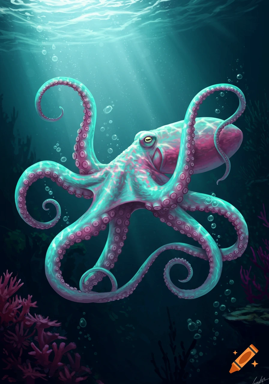 A vibrant turquoise and pink octopus with curled tentacles swims underwater, illuminated by sunbeams, surrounded by coral and plants. Illustration.