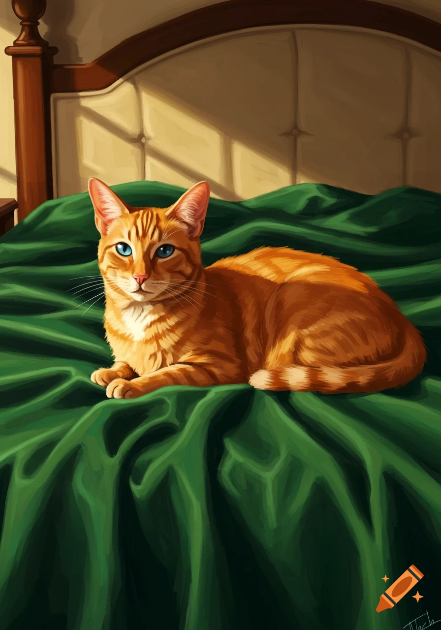Illustration of an orange tabby cat with bright blue eyes lying on a green ruffled blanket on a bed.