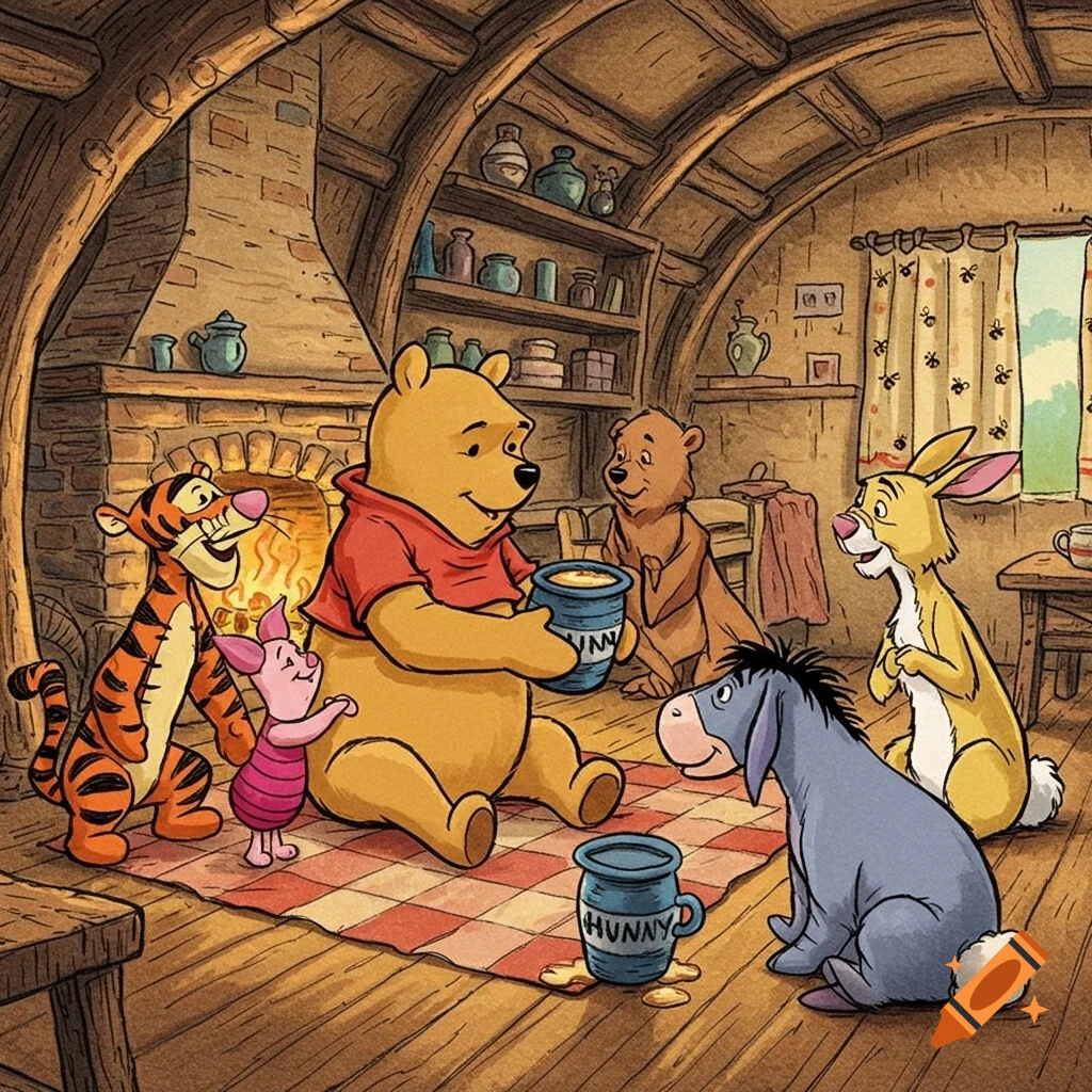 Winnie the Pooh and his friends Tigger, Piglet, Eeyore, Rabbit, and a bear gather around a fireplace in Pooh's house. Pooh holds a pot of "HUNNY" as his friends look on, in a classic cartoon style.