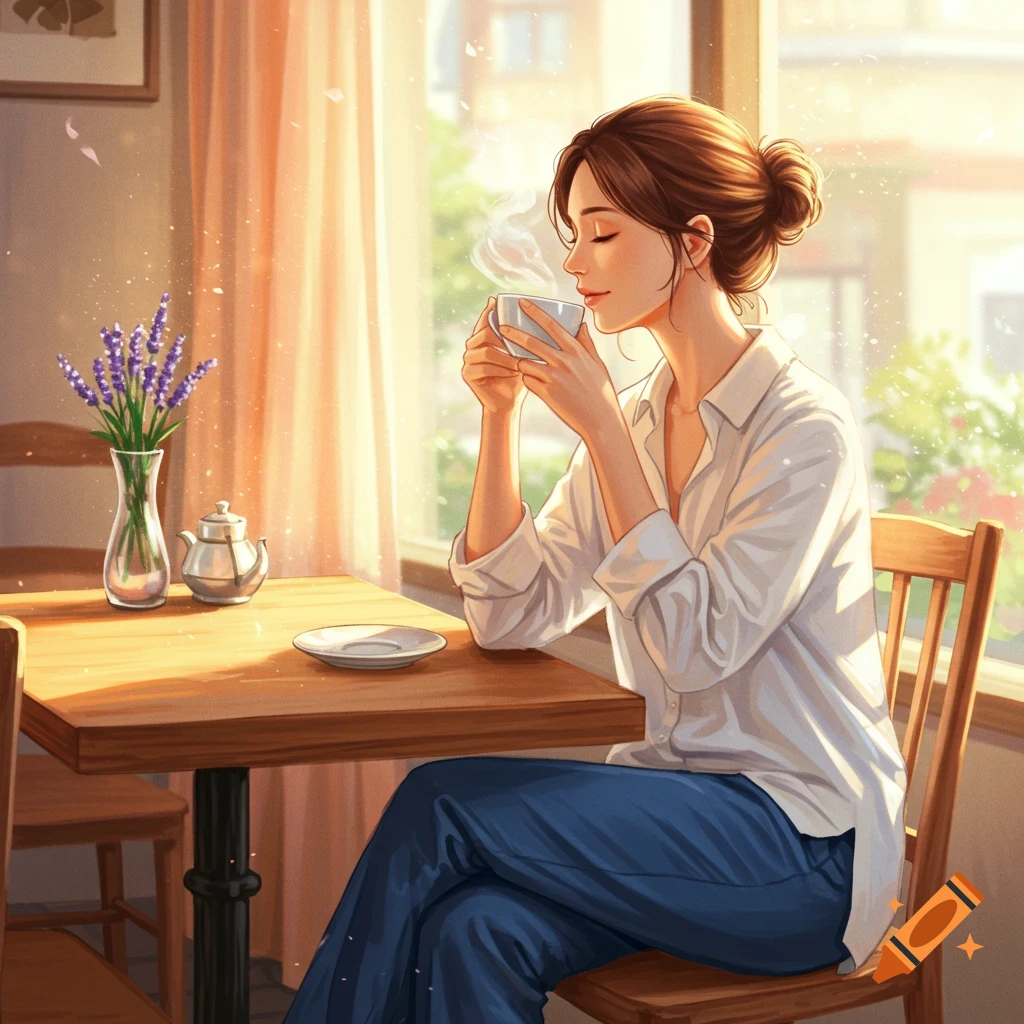 An illustration of a woman in a white blouse and blue pants, sitting at a cozy cafe table, enjoying a cup of steaming coffee in warm, soft lighting.
