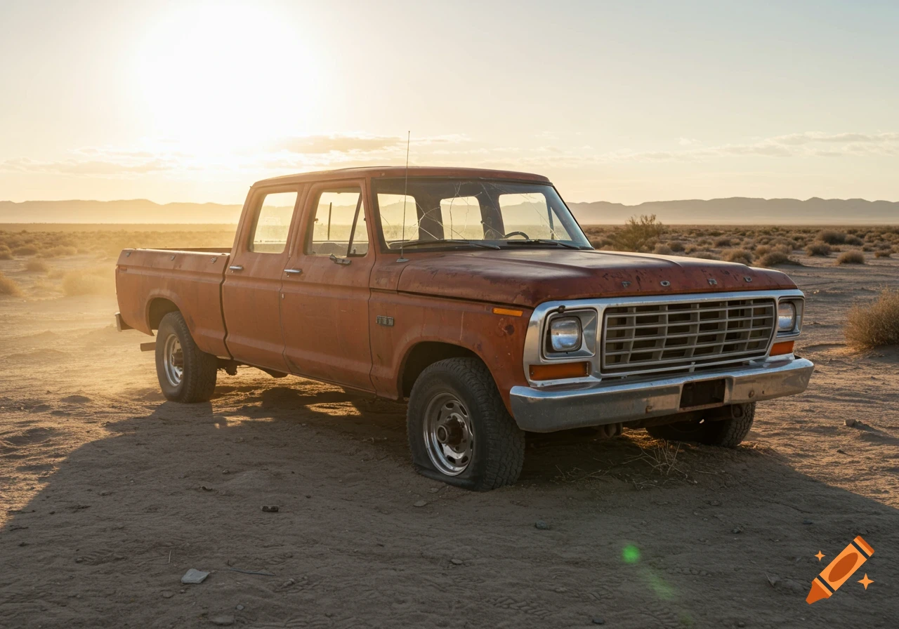 A rusty, orange Ford pickup truck with a flat tire and broken windshield in a dusty desert at sunset.