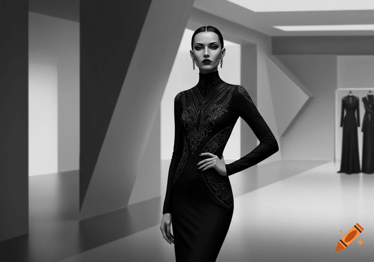 Elegant woman in a black, long-sleeved dress with intricate patterns, standing in a modern minimalist black and white room.