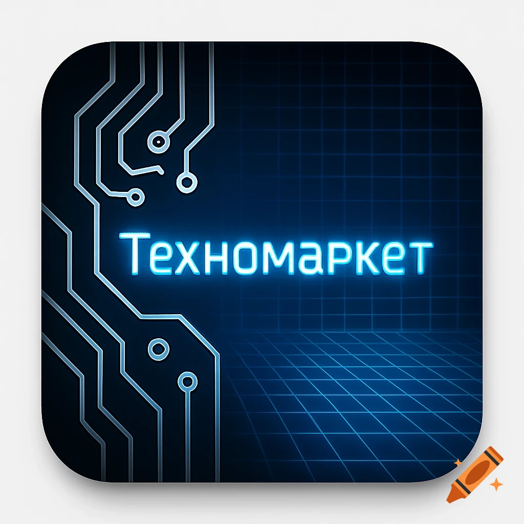 A dark blue app icon featuring a neon blue circuit board pattern and the glowing text 'Техномаркет' over a grid background.