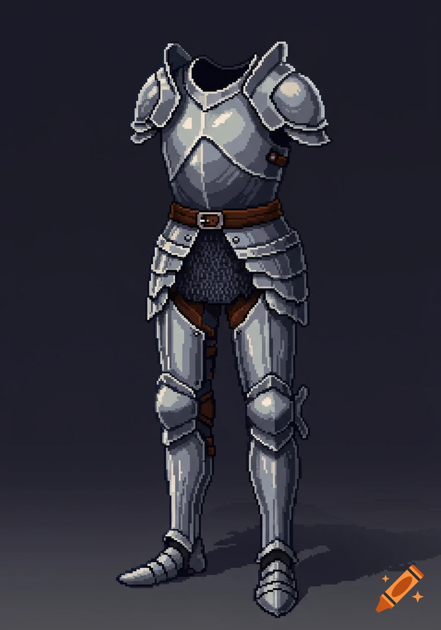 Pixel art full plate armor set on a dark background.