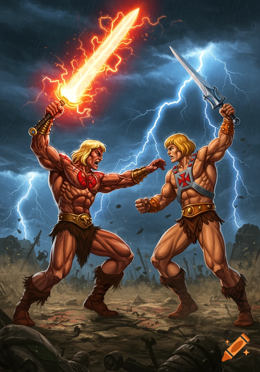 Two muscular, blonde fantasy warriors battle with swords under a stormy, lightning-filled sky in a comic art style.