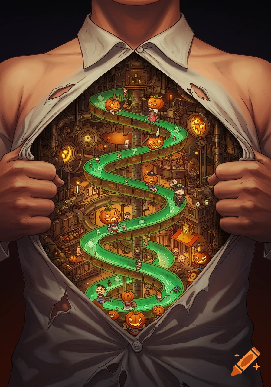 A man's torn shirt reveals a whimsical steampunk Halloween amusement park with tiny characters on a green water-slide inside his torso.