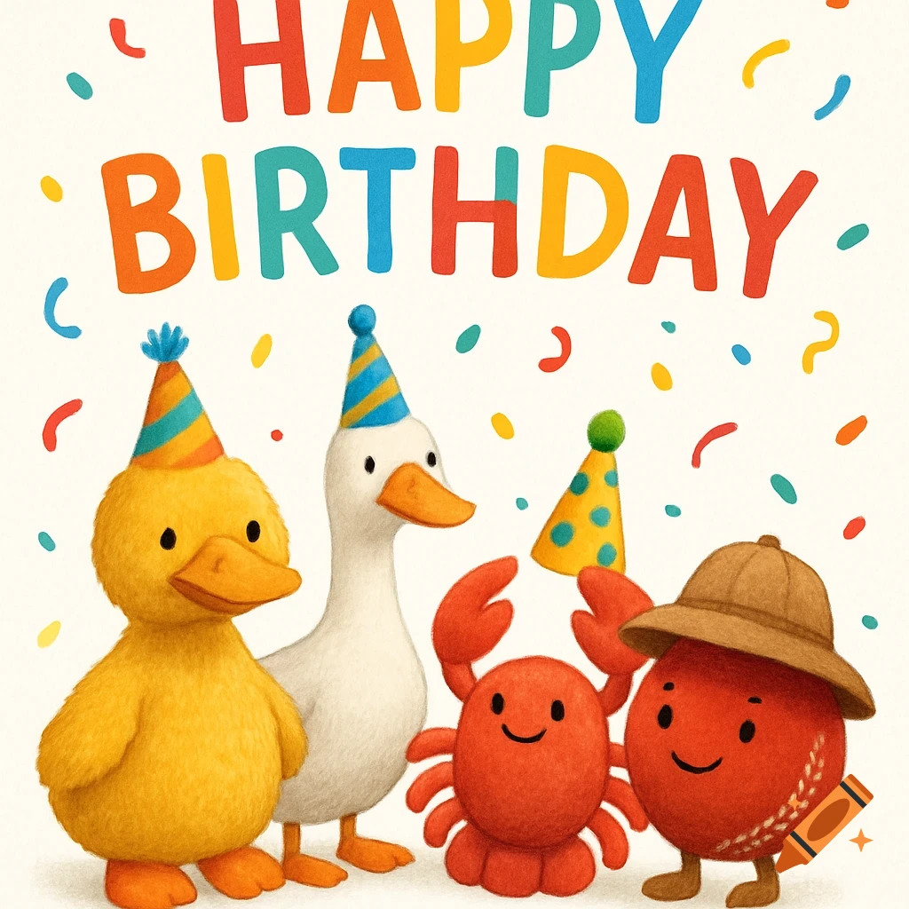 A yellow duck, white goose, red crab, and red character in party hats with 'HAPPY BIRTHDAY' text and confetti in a kids cartoon style.