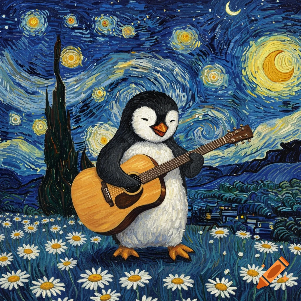 A cute penguin plays an acoustic guitar in a field of daisies, under a swirling Van Gogh-style starry night sky.