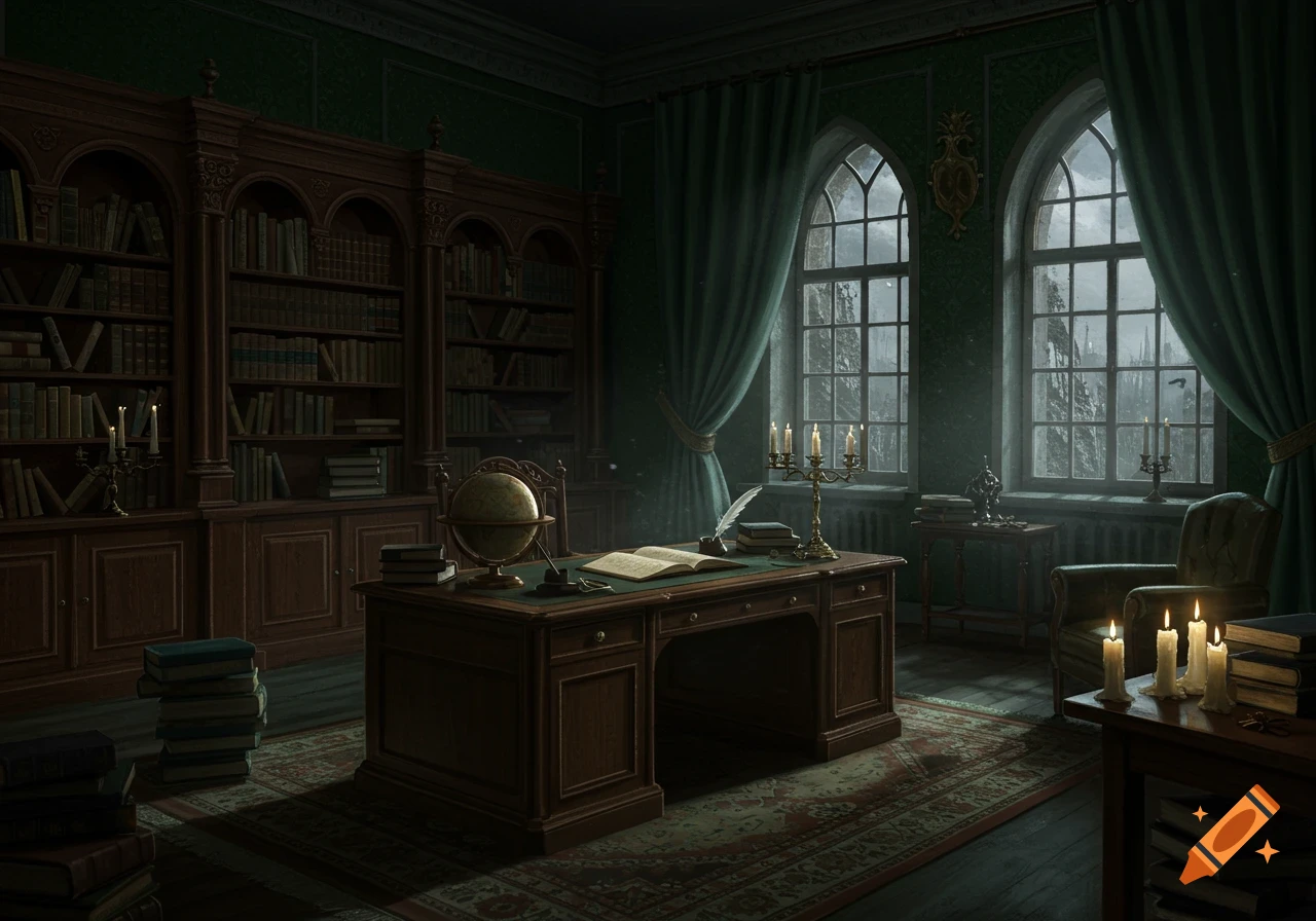 Dimly lit dark academia study with a wooden desk, globe, open book, candelabras, and tall bookshelves, next to arched windows showing a snowy landscape.
