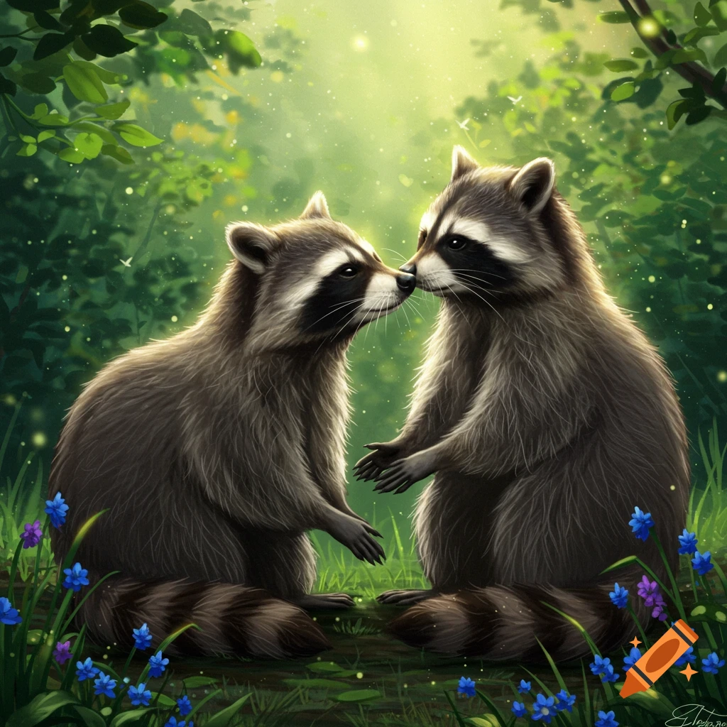 Two raccoons nuzzle lovingly amidst blue and purple flowers in an enchanted forest, digital art.